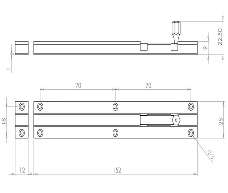 Technical drawing of of Frelan - Jedo Brass Straight Barrel Bolts 152x25mm Satin Chrome Sku. J1001DF