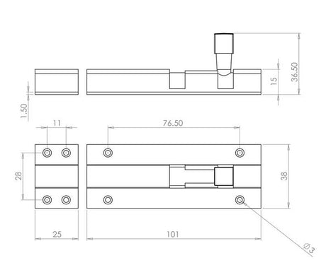 Technical drawing of of Frelan - Jedo Brass Heavy Straight Barrel Bolts 102x38mm Polished Brass Sku. J1001PB-4