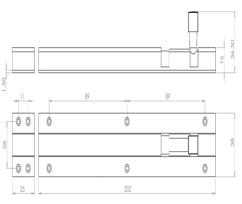 Technical drawing of of Frelan - Jedo Brass Heavy Straight Barrel Bolts 200x38mm Polished Chrome Sku. J1001PC-8