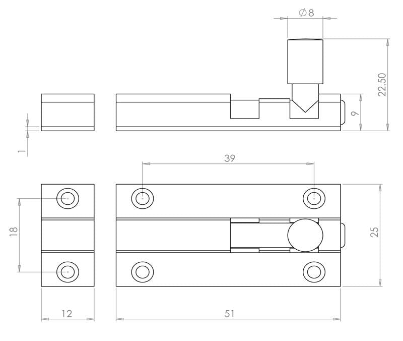 Technical drawing of of Frelan - SAA Straight Barrel Door Bolts 50x25mm Sold in boxes of 10 Sku. J1001SB