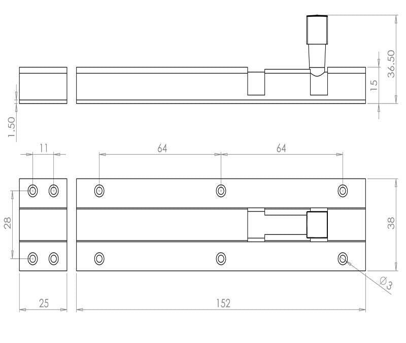 Technical drawing of of Frelan - Jedo Brass Heavy Straight Barrel Bolts 152x38mm Satin Chrome Sku. J1001SC-6