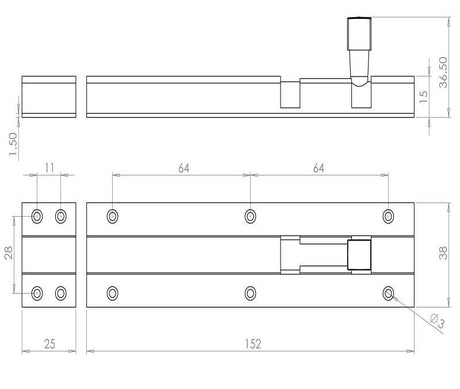 Technical drawing of of Frelan - Jedo Brass Heavy Straight Barrel Bolts 152x38mm Satin Chrome Sku. J1001SC-6