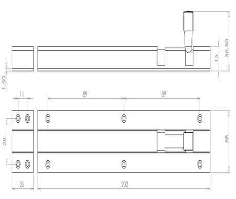 Technical drawing of of Frelan - Jedo Brass Heavy Straight Barrel Bolts 200x38mm Satin Chrome Sku. J1001SC-8