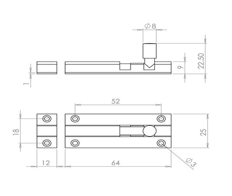 Technical drawing of of Frelan - SAA Straight Barrel Door Bolts 64x25mm Sold in Boxes of 10 Sku. J1001SC