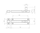 Technical drawing of of Frelan - SAA Straight Barrel Door Bolts 75x25mm Sold in Boxes of 10 Sku. J1001SD
