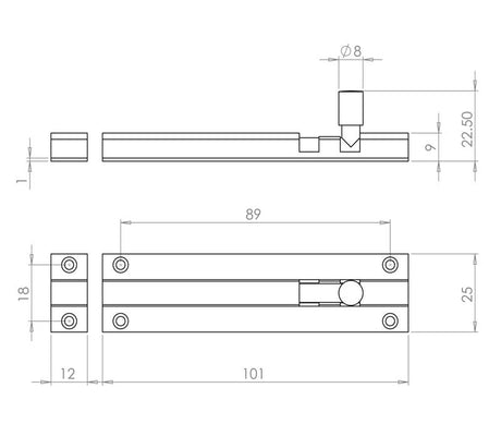 Technical drawing of of Frelan - SAA Straight Barrel Door Bolts 100x25mm Sold in Boxes of 10 Sku. J1001SE