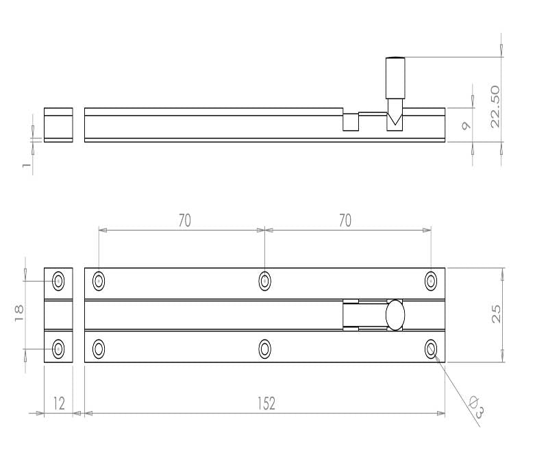 Technical drawing of of Frelan - SAA Straight Barrel Door Bolts 152x25mm Sold in Boxes of 10 Sku. J1001SF