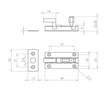 Technical drawing of of Frelan - Jedo Brass Necked Barrel Bolts 50x25mm Polished Brass Sku. J1002BB