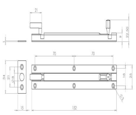 Technical drawing of of Frelan - Jedo Brass Necked Barrel Bolts 152x25mm Polished Brass Sku. J1002BF
