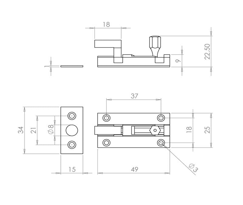 Technical drawing of of Frelan - Jedo Brass Necked Barrel Bolts 50x25mm Polished Chrome Sku. J1002CB