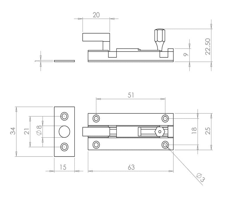 Technical drawing of of Frelan - Jedo Brass Necked Barrel Bolts 64x25mm Polished Chrome Sku. J1002CC