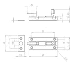 Technical drawing of of Frelan - Jedo Brass Necked Barrel Bolts 64x25mm Polished Chrome Sku. J1002CC