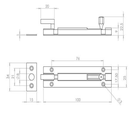 Technical drawing of of Frelan - Jedo Brass Necked Barrel Bolts 102x25mm Polished Chrome Sku. J1002CE