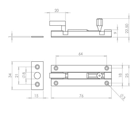 Technical drawing of of Frelan - Jedo Brass Necked Barrel Bolts 75x25mm Satin Chrome Sku. J1002DD