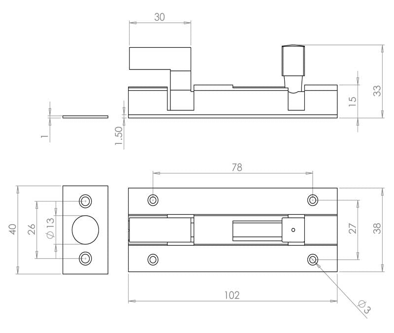 Technical drawing of of Frelan - Jedo Brass Heavy Necked Barrel Bolts 100x38mm Polished Brass Sku. J1002PB-4