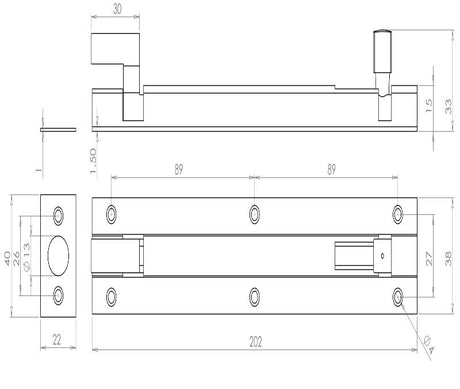 Technical drawing of of Frelan - Jedo Brass Heavy Necked Barrel Bolts 200x38mm Satin Chrome Sku. J1002SC-8