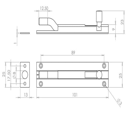 Technical drawing of of Frelan - Jedo Aluminium Necked Barrel Bolts 100x25mm Satin Anodised Aluminium Sku. J1002SE