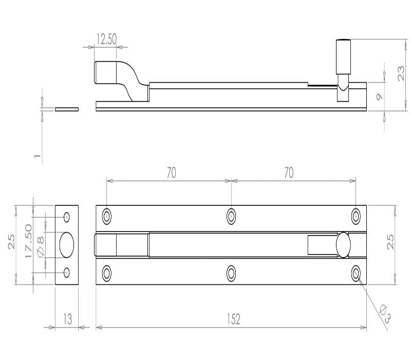 Technical drawing of of Frelan - Jedo Aluminium Necked Barrel Bolts 152x25mm Satin Anodised Aluminium Sku. J1002SF