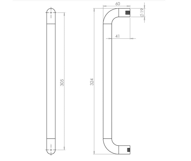 Technical drawing of of Frelan - Aluminium 19mm D Shape Pull Handle Bolt Through Fixing F2 Finish 305x19mm Satin Anodised Aluminium Sku. SAA152