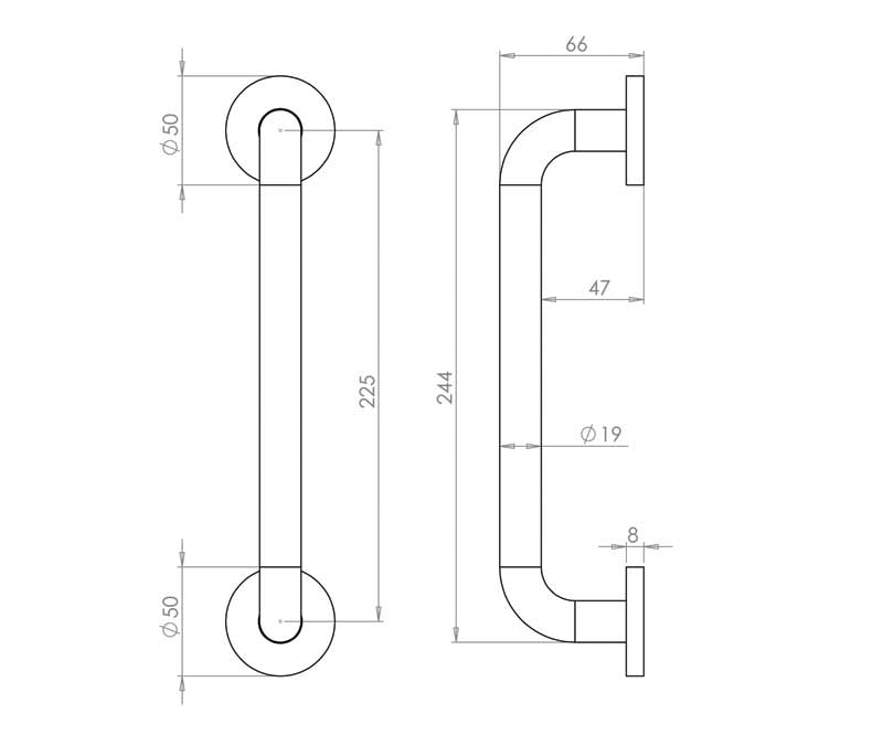 Technical drawing of of Frelan - Aluminium 19mm D Shape Pull handle Rose Fixing SAA Finish 225x19mm Satin Anodised Aluminium Sku. J1055