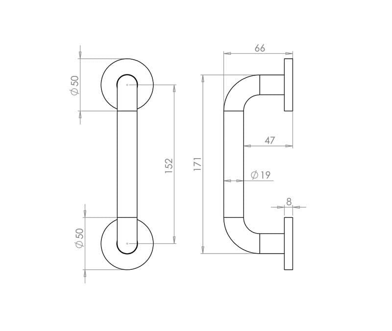 Technical drawing of of Frelan - Aluminium 19mm D Shape Pull handle Rose Fixing SAA Finish 150x19mm Satin Anodised Aluminium Sku. J1056
