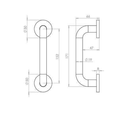 Technical drawing of of Frelan - Aluminium 19mm D Shape Pull handle Rose Fixing SAA Finish 150x19mm Satin Anodised Aluminium Sku. J1056