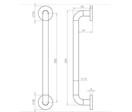 Technical drawing of of Frelan - Aluminium 19mm D Shape Pull handle Rose Fixing SAA Finish 305x19mm Satin Anodised Aluminium Sku. J1057