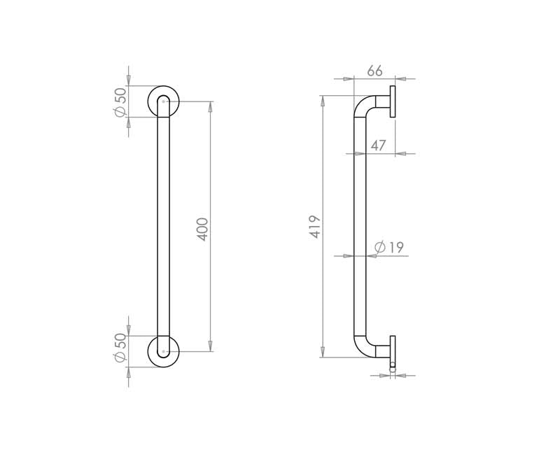 Technical drawing of of Frelan - Aluminium 19mm D Shape Pull handle Rose Fixing SAA Finish 400x19mm Satin Anodised Aluminium Sku. J1058