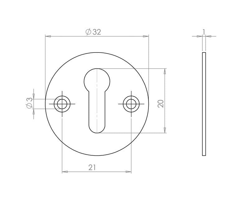 Technical drawing of of Frelan - Escutcheon Standard Keyway Satin Anodised Aluminium Sku. J1407