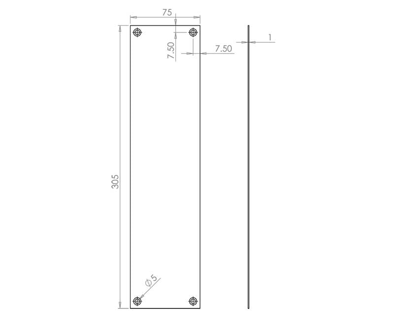 Technical drawing of of Frelan - Jedo Plain Fingerplates 305x75mm Satin Anodised Aluminium Sku. J1409
