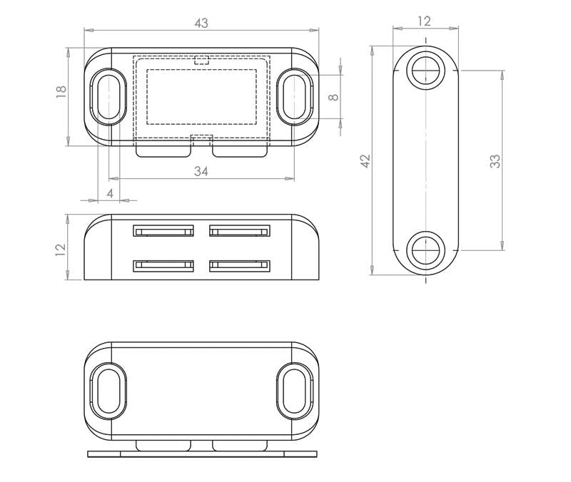 Technical drawing of of Frelan - Jedo Magnetic Catches 42x18mm White Sku. J1412A