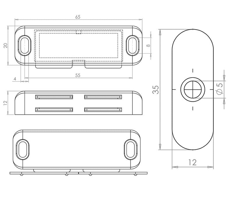 Technical drawing of of Frelan - Jedo Magnetic Catches 62x18mm White Sku. J1412B