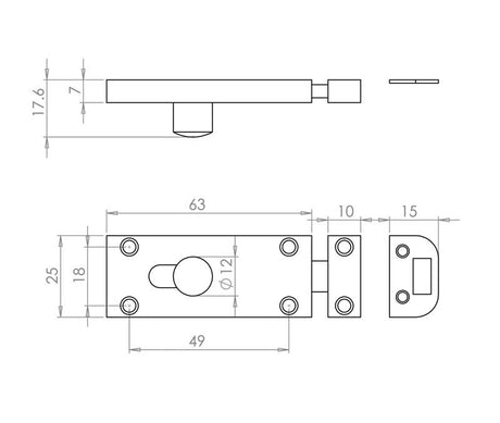 Technical drawing of of Frelan - Jedo Bathroom Slide Bolts 63x25mm Polished Chrome Sku. J1414PC