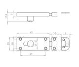 Technical drawing of of Frelan - Jedo Bathroom Slide Bolts 63x25mm Polished Brass Sku. J1414PB