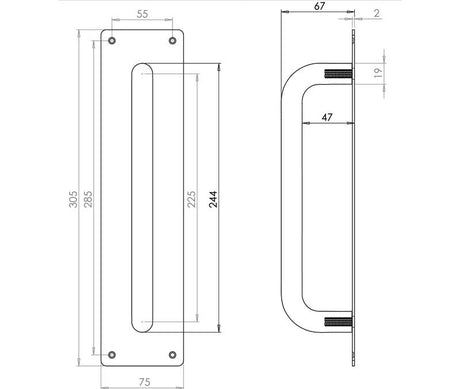 Technical drawing of of Frelan - Aluminium Pull Handles w/ Plate 300x75mm Satin Anodised Aluminium Sku. J1601