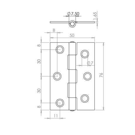 Technical drawing of of Frelan - Steel Plain Bearing Butt Hinges 76x50x1.65mm Zinc Plate Sku. J1838-DZP