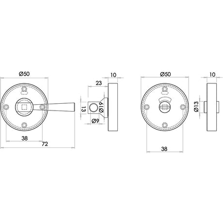 Technical drawing of of Frelan - Easy Turn & Release No Indicator 50mm Satin Anodised Aluminium Sku. J4650B