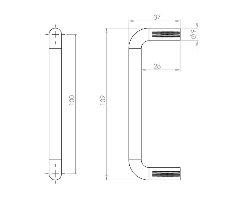 Technical drawing of of Frelan - Jedo Drawer Pulls 102x7mm Satin Anodised Aluminium Sku. J4801