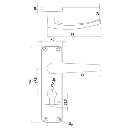 Technical drawing of of Frelan - Contract Door Handle on Euro Profile Lockplate Satin Anodised Aluminium Sku. J5601E