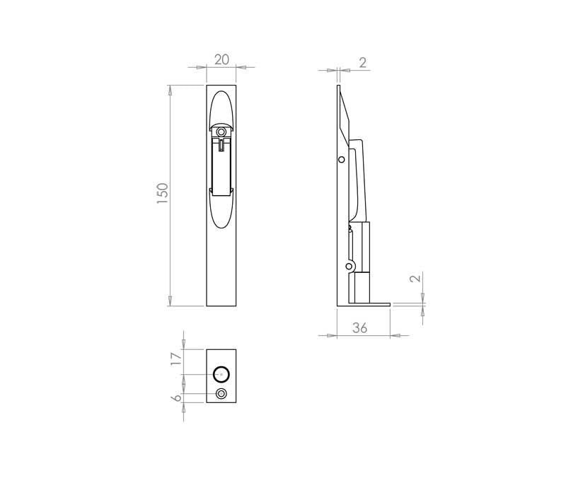 Technical drawing of of Frelan - Jedo Aluminium Lever Action Flushbolts 152x19mm Satin Anodised Aluminium Sku. J5640A