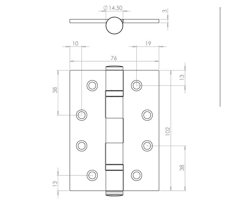 Technical drawing of of Frelan - Certifire Stainless Steel 316g Grade 13 Ball Bearing Hinges 102x76x3mm Satin Stainless Steel Sku. J9507SSS