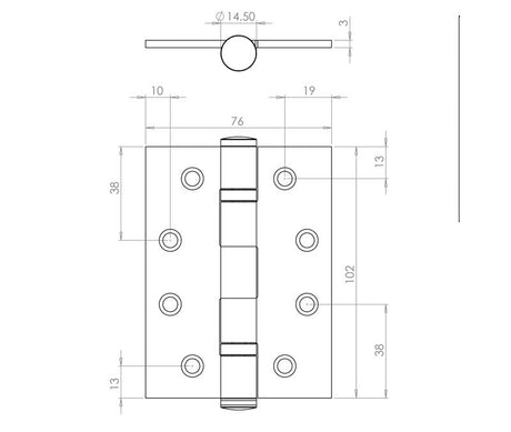 Technical drawing of of Frelan - Certifire Stainless Steel 316g Grade 13 Ball Bearing Hinges 102x76x3mm Polished Stainless Steel Sku. J9507PSS