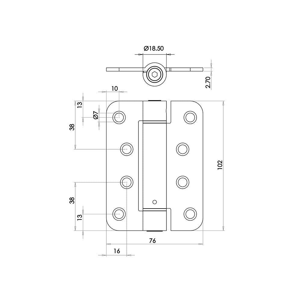Technical drawing of of Frelan - Jedo Steel Radiused Single Action Spring Hinges 102x76mm (PK of 3) Satin Chrome Sku. J9800RSC