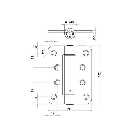 Technical drawing of of Frelan - Jedo Steel Radiused Single Action Spring Hinges 102x76mm (PK of 3) Satin Chrome Sku. J9800RSC
