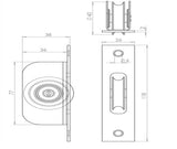 Technical drawing of of Frelan - Jedo Sash Roller with Rectangular Plate 118x26mm Zinc Plate Sku. J992BZP