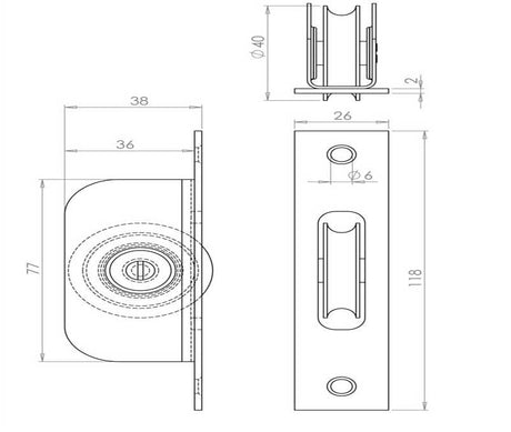 Technical drawing of of Frelan - Jedo Sash Roller with Rectangular Plate 118x26mm Zinc Plate Sku. J992BZP