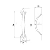 Technical drawing of of Frelan - Fleur De Lys Pull Handles 100mm Black Sku. JAB26