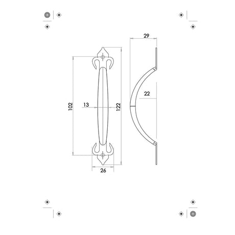Technical drawing of of Frelan - Fleur De Lys Pull Handles 125mm Black Sku. JAB27