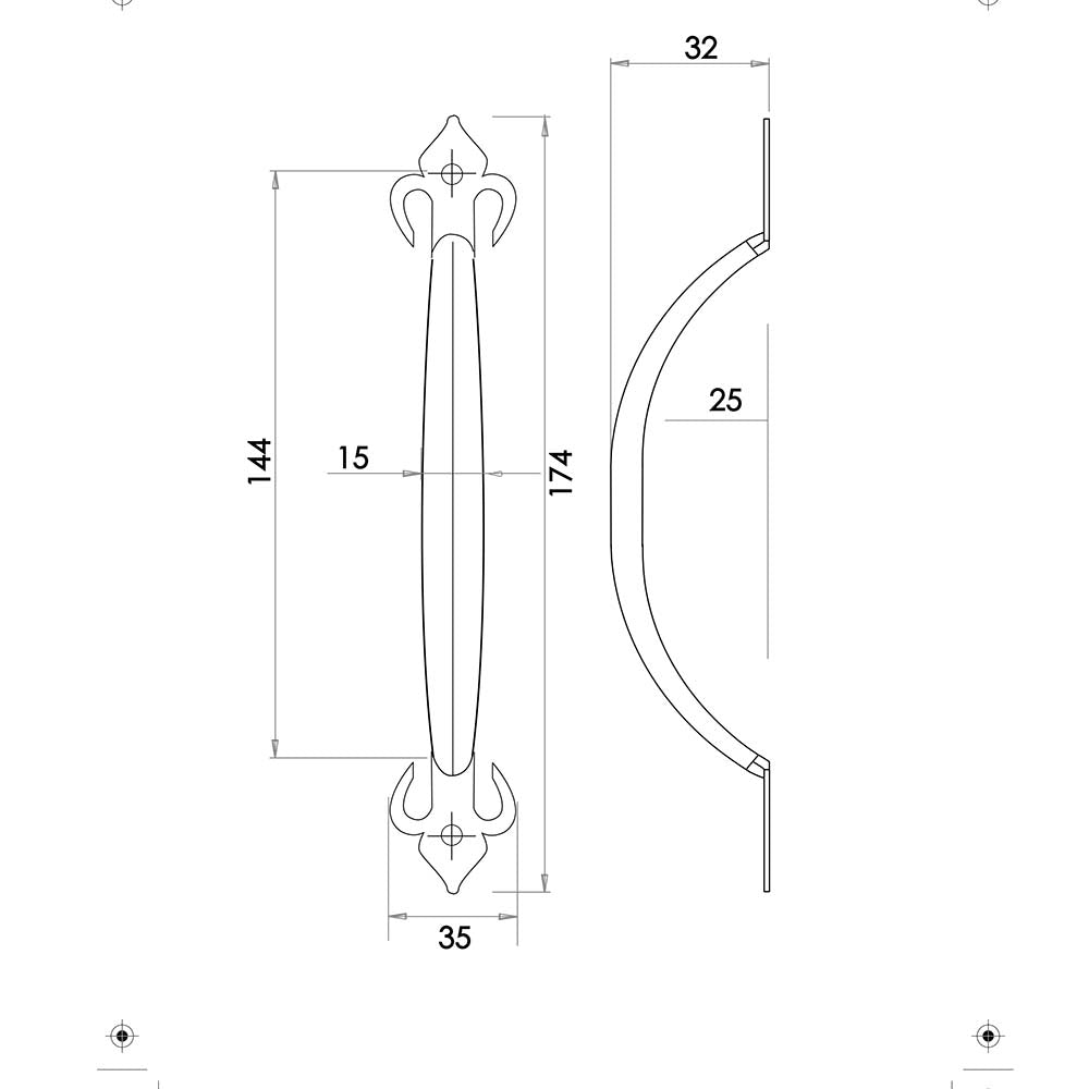 Technical drawing of of Frelan - Fleur De Lys Pull Handles 170mm Black Sku. JAB28