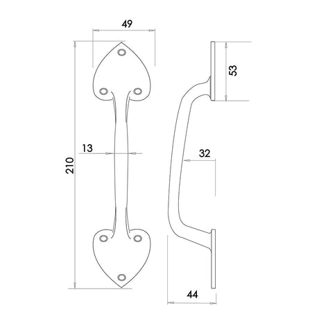 Technical drawing of of Frelan - Antique 200mm Pull Handle 200mm Black Sku. JAB66